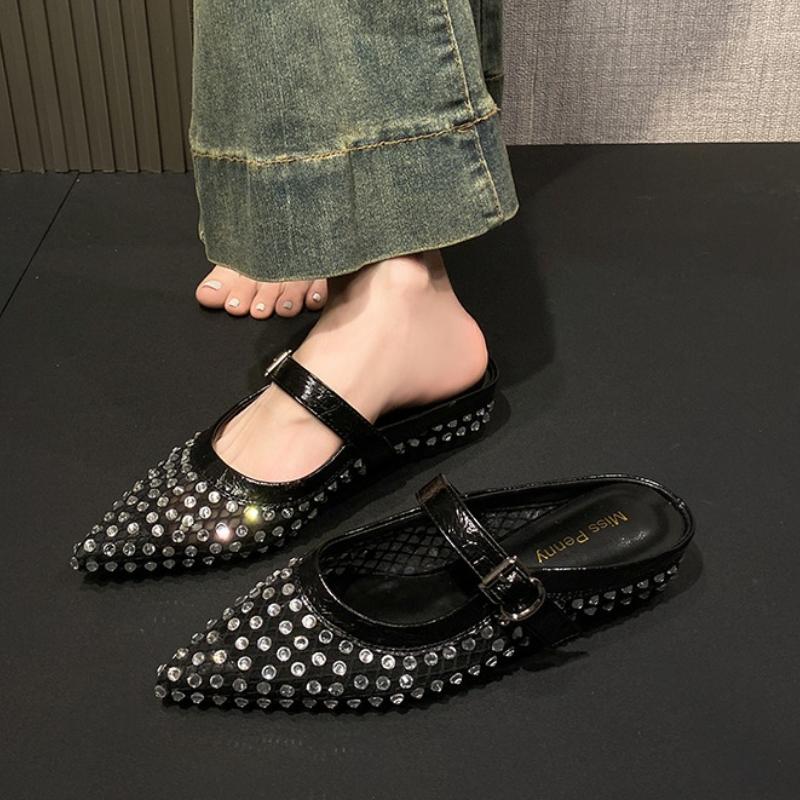 Fashion Crystal Women Mules Shoes Luxury Flats Slippers Mesh Casual Sandals Trend New Brand 2025 Summer Woman Slingback Sneakers Mujer