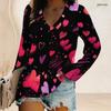 Women Plus Size V Neck Long Sleeve American Flag Printed Top Curved Hem With Pocket Button Detail