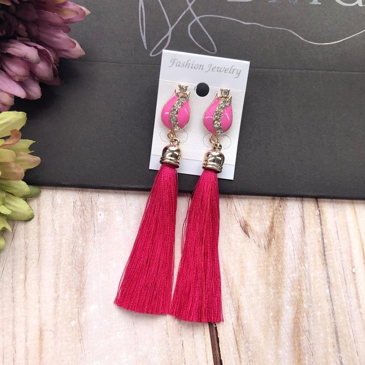 Retro flower gemstone with diamond fringed stud earrings long celebrity temperament earrings women's versatile earrings