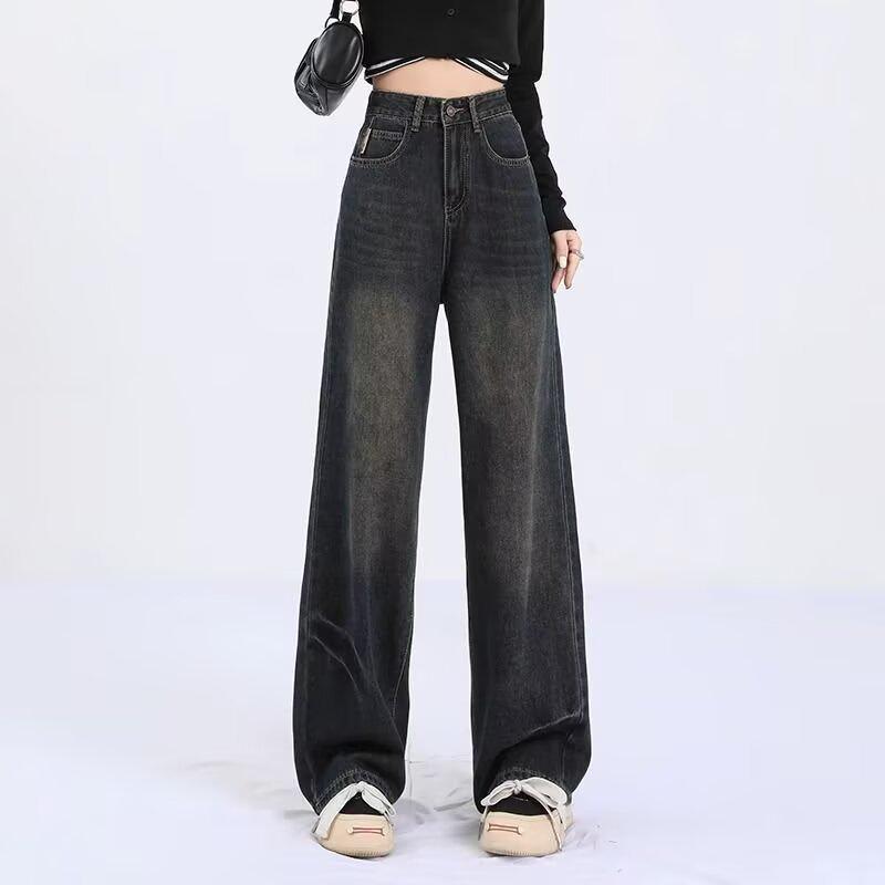 Women's Plus Size Dark Washed Wide-Leg Jeans with Zipper - Retro Style for Spring and Autumn