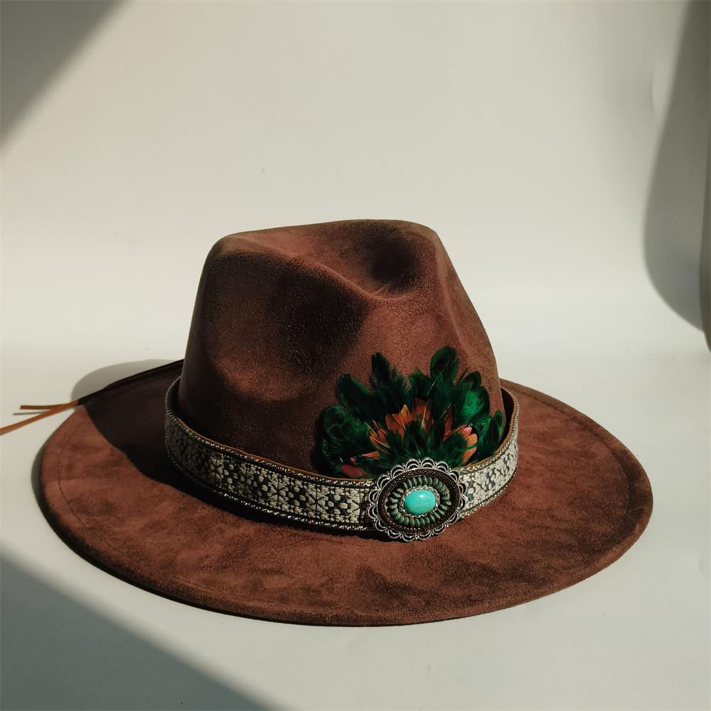 

suede fedora hat for men Soft belt trim Fedoras with feather band panama top cap unisex church hat Fascinator Felt Panama Cap M 56-58CM