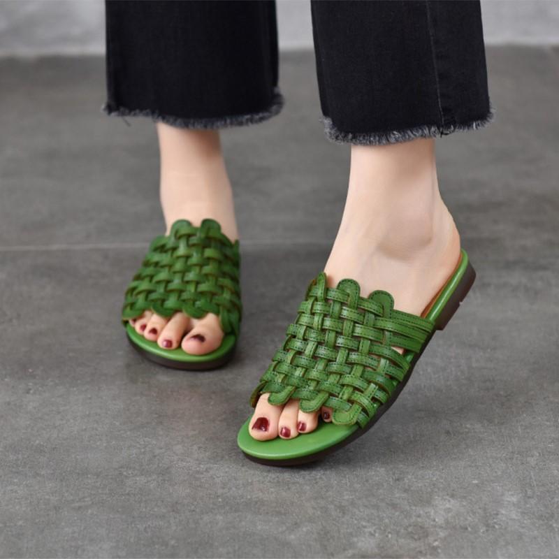 Johnature Chaussons Plats d'Extérieur en Cuir Véritable Tissés à la Main Chaussures Slip-on Décontractées Polyvalentes pour Femmes
