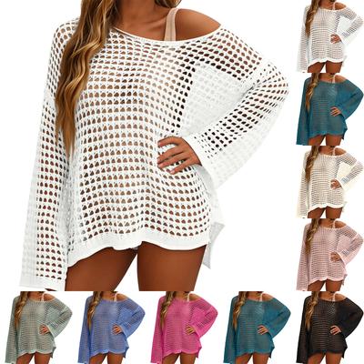 Women's Sunscreen Hollow Long Sleeve Backless Bikini Beach Dress Knit Sweater Cover-Up