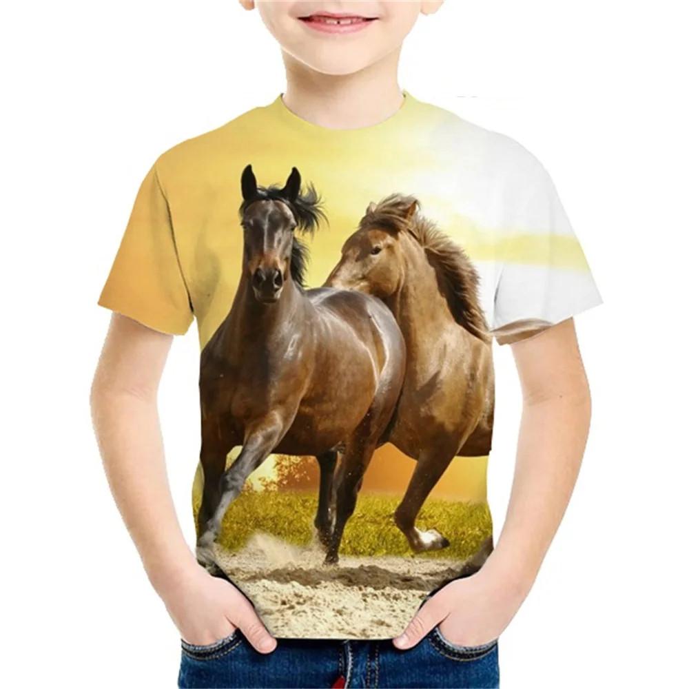 Summer Round Neck 3D Horse Pattern Printed Top Fashionable Casual Short Sleeved Children's Boy T-shirts