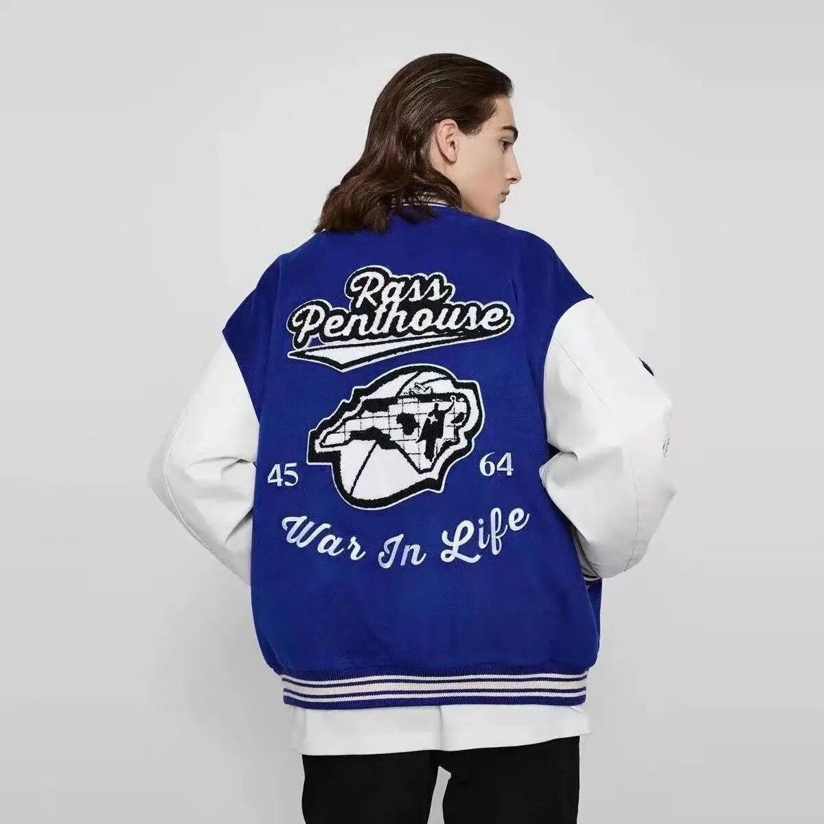 

Leather Splicing Sleeve Bomber Jackets Mens Hip Hop Color Matching Pattern Embroidery Autumn Retro Jacket Loose Baseball Uniform