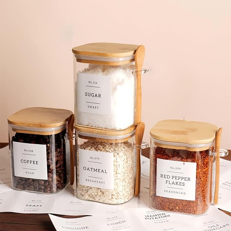Glass sealed jar with spoon, kitchen miscellaneous grains and dried fruits storage bottle, bamboo and wood lid with spoon, household seasoning jar