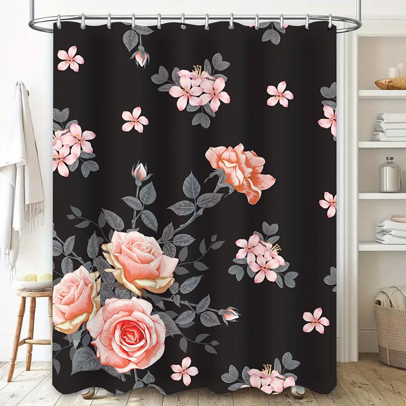 Delightful Floral Shower Curtain, Pink Roses Gray Blossoms Decor, Black Bath Fabric Curtain For Bathroom Decor, Waterproof Showe