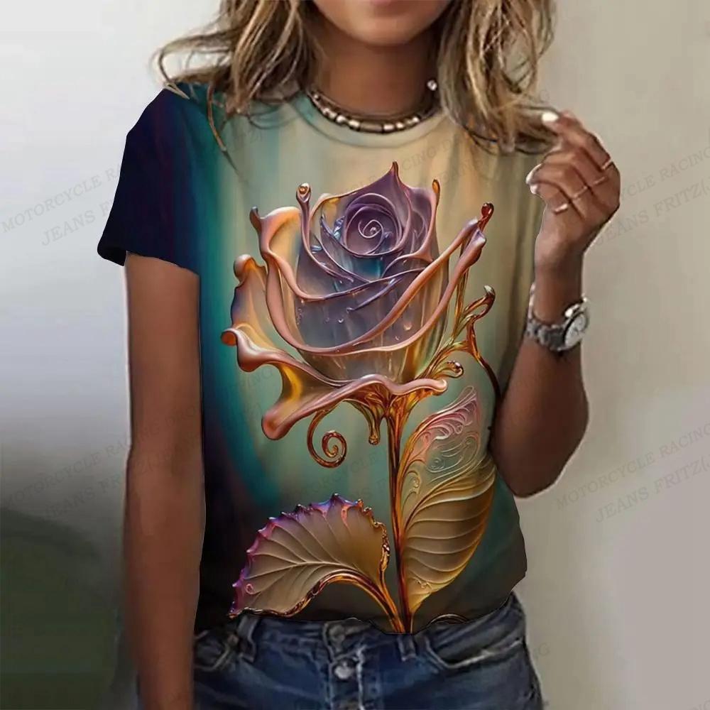 

Летняя женская футболка с 3D принтом Gold Rose, женская модная футболка, футболка с круглым вырезом и коротким рукавом, топ с цветочным принтом, футболки Harajuku 2XL
