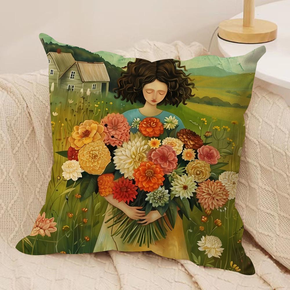 The girl is holding flowers Cushion Cover Soft Plush DoubleSided Printed Sofa Pillow Cushion Cover  Cozy AllSeason Decor Gift