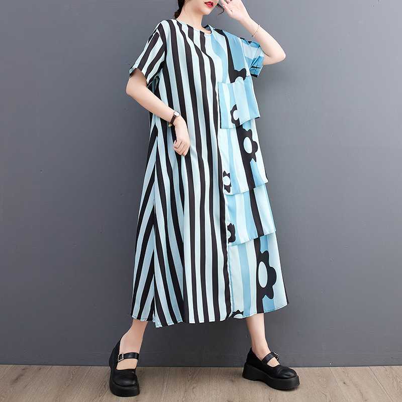 

Женское полосатое шифоновое платье в стиле пэчворк, свободное, повседневное, модная юбка средней длины One size синий