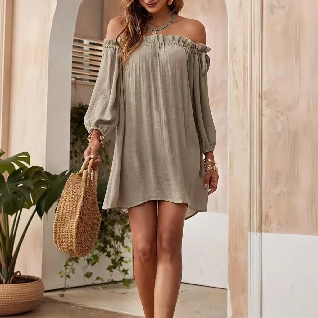 Women's Off-Shoulder Long Sleeve Loose Fit Straight Dress for Everyday Casual Wear