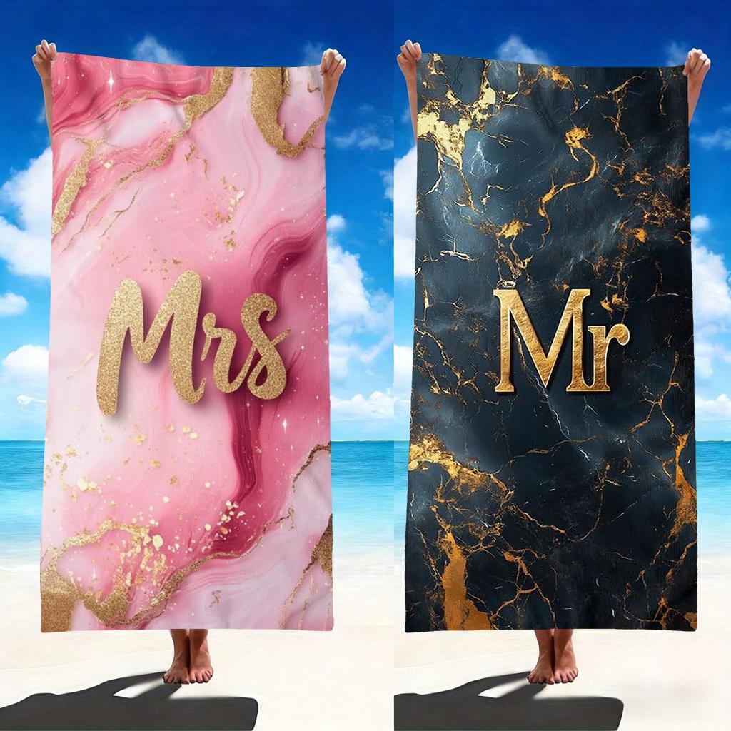 2Pcs Couple Matching King & Queen Beach Towels, Luxury Romantic Vacation Beach Towel Sets For Him And Her
