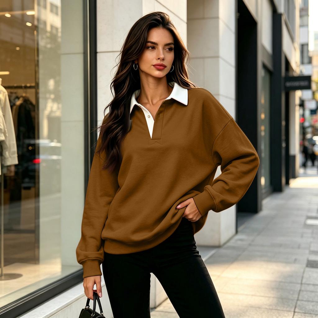 Women's Casual V-Neck Long Sleeve Color Pullover Sweatshirt for Everyday Wear