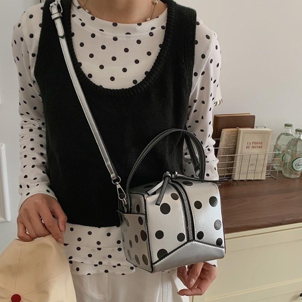 Unique PU Polka Dot Handbag Zipper Closure Top Handle Box Shaped Shoulder Bag Small Square Adjustable Strap Bucket Bag Commute