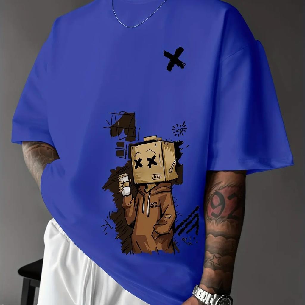 Summer Mens 100Cotton Fashion Casual Sports Loose Trend Graffiti Print Round Neck Short Sleeve TShirt Street Soft Comfortable