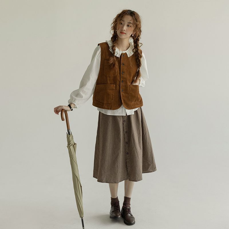 Yelekler Kadın Retro Bol Sonbahar Japon Tarzı Düz Her Şeye Uyumlu Rahat Kadife Tasarım Sıcak Basit Öğrenci Günlük Sevimli