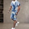 Men Plus Size Colorful Printed Round Neck Short Sleeve Top And Pocket Shorts Two Piece Set