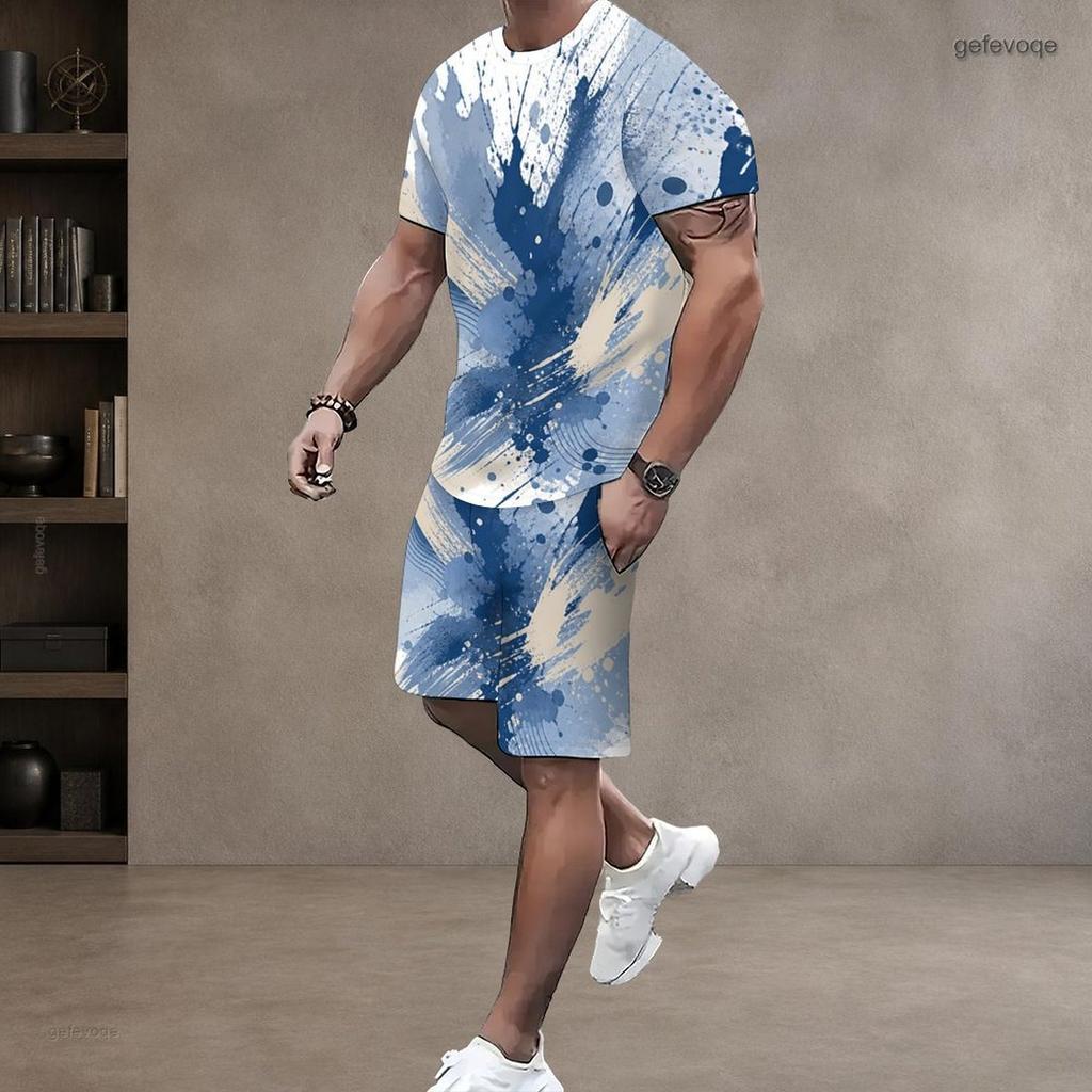 Men Plus Size Colorful Printed Round Neck Short Sleeve Top And Pocket Shorts Two Piece Set