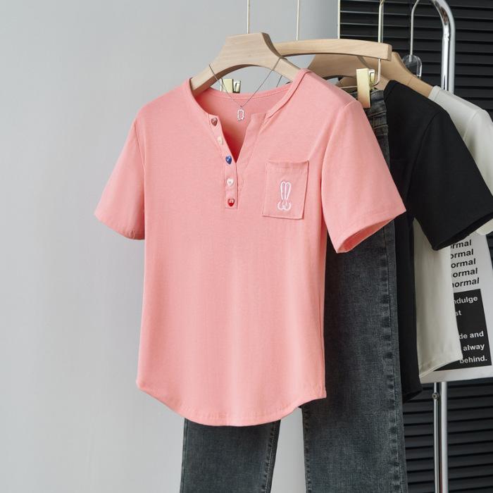 

Original fabric large size women s clothing fat mm curved hem button short sleeve t-shirt women 3XL рожевий червоний колір