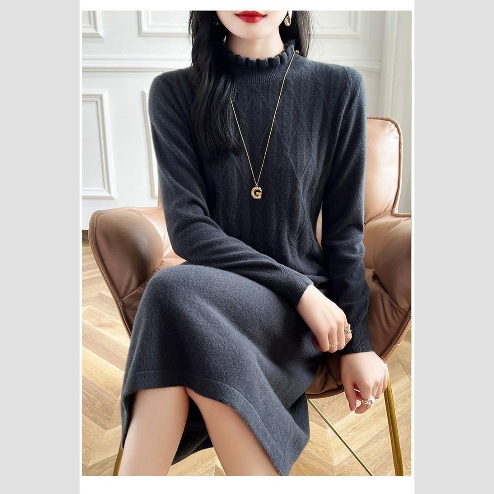 Large-sized Half Turtleneck Mid-length Sweater Dress for Women Solid Color Casual Knitted Dress with Loose Knitted Sweater for Autumn and Winter