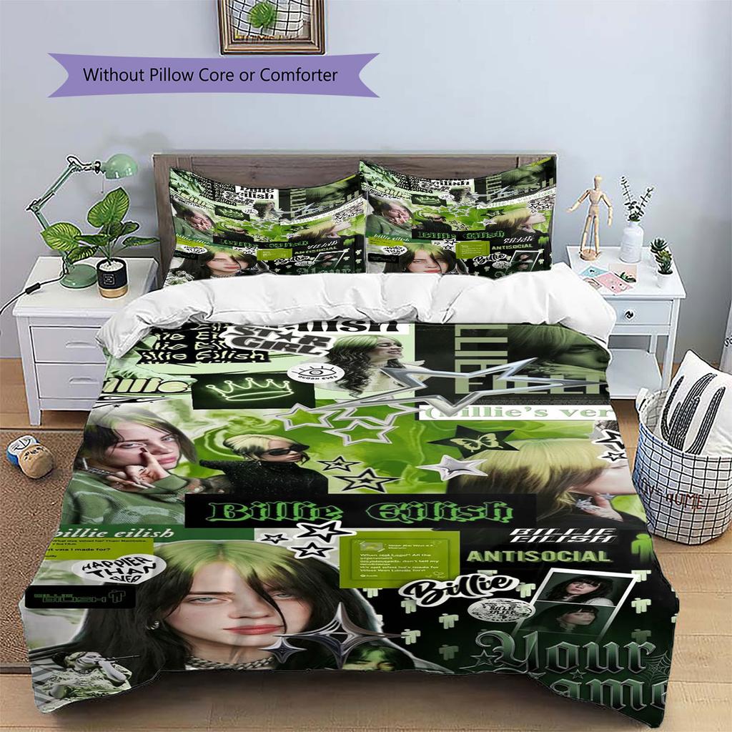 Billie Eilish Custom Name Pattern Bedding,Quilt Set Quilt Cover Pillowcase Home Birthday Gift(1 * Duvet Cover + 2 * Pillowcase, Without Core)