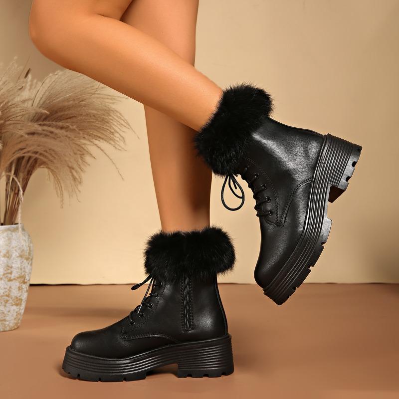 Plush Warm Cotton Boots Winter New Round Toe Lace-up Platform Non-slip Block Heel Plus Size Leather Shoes