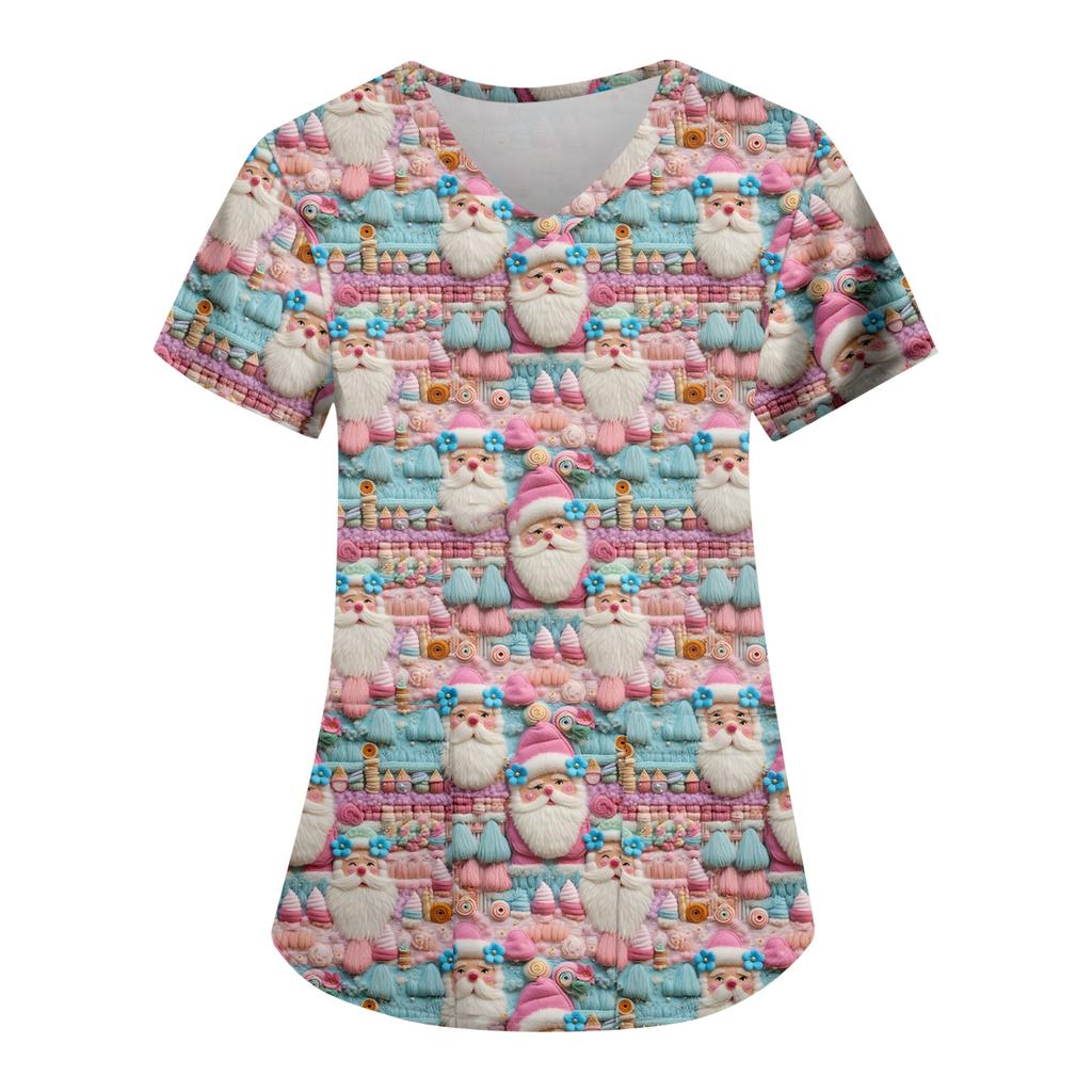 Women's Fashion Casual Christmas Print Pocket T-shirt Top