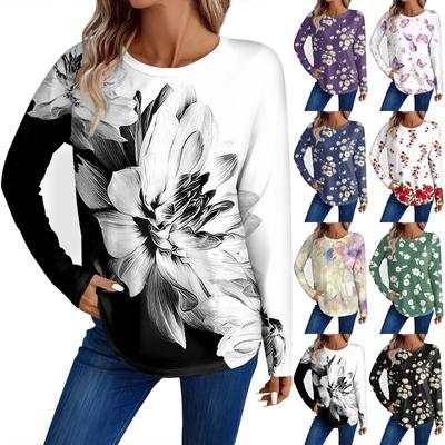 Γυναικεία μόδα casual μακρυμάνικο λουλουδάτο μπλουζάκι με στρογγυλή λαιμόκοψη