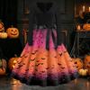 Womens Casual Vintage Halloween Dress V Neck Long Sleeve Retro Ghost Print A Line Midi Dress with Waist Tie for Party