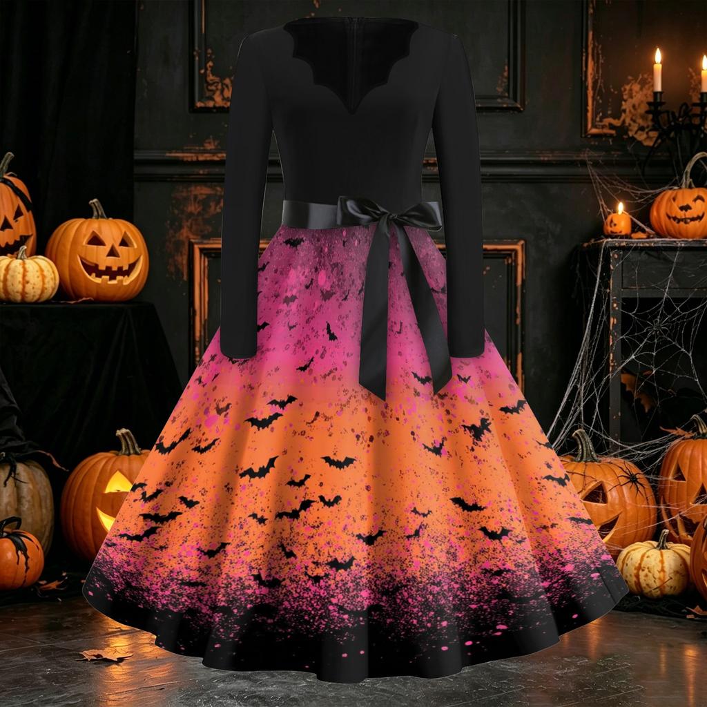 Womens Casual Vintage Halloween Dress V Neck Long Sleeve Retro Ghost Print A Line Midi Dress with Waist Tie for Party