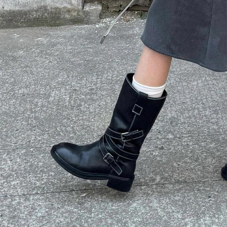 Soft leather retro belt buckle thick heel medium tube short boots women's 2025 autumn new pleated low heel western knight boots