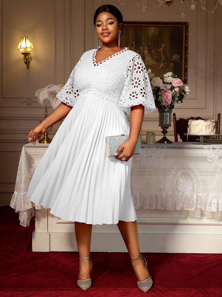 Lace Patchwork Pleated Midi Dresses for Women with V Neck Hollow Out Lantern Sleeves for Weddings Party and Special Occasions