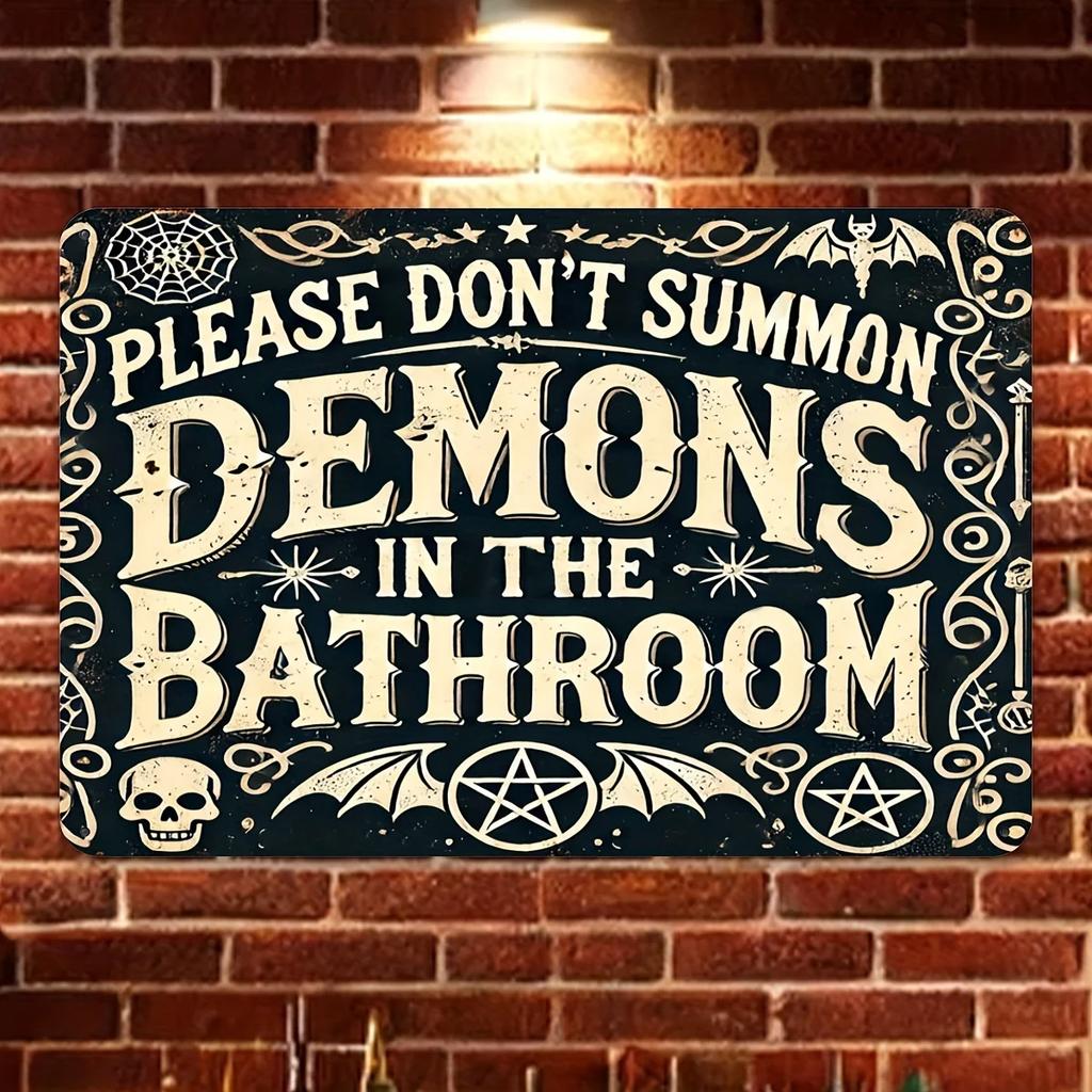 Vintage Please Dont Summon Demons In the Bathroom Iron Wall Art Sign Gothic Metal Decor with Skull Bat Spider Web De