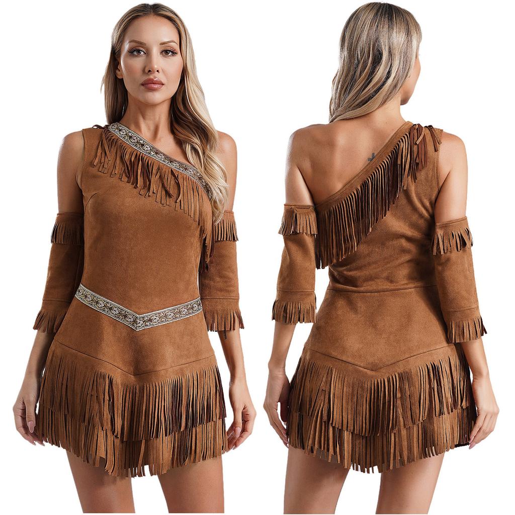 Kadınlar 3 Parça Cadılar Bayramı Yerli Kıyafetleri Seti Kızılderili Kız Yerli Prenses Giydirme Kostümü