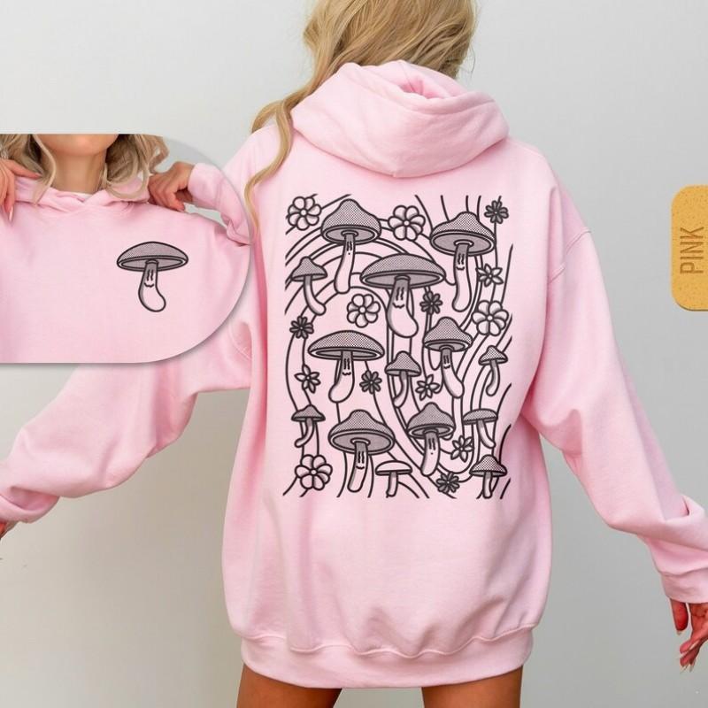 Womens Hooded Long Sleeve Sweatshirt With Retro Mushroom Print Casual Streetwear Top