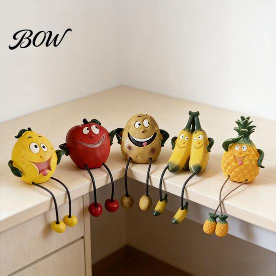 Whimsical Fruit Sculptures Resin Shelf Sitter Figurines with Flexible Dangling Legs, Hanging Edge Statues, Cute Character Desktop Ornaments
