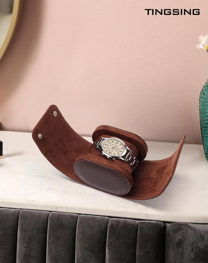TINGSING Watch Case for One PU Leather and Perfect for Business Trips and Stylish Gift Watch, Brown, Suede, Portable, Travel,