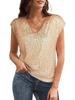 Top da festa da donna lucido con scollo a V e maniche corte a paillettes
