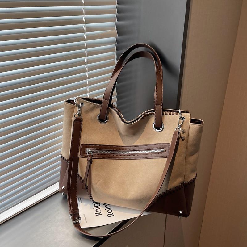 Large Capacity Tote Bag Women Vintage Contrast Color PU Leather Soft Structured Daily Commute Casual Use