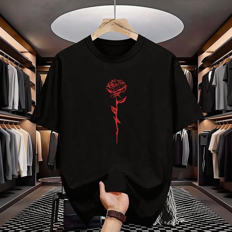 Spring Summer Couple Street Style Red Rose Line Art Print Loose Crew Neck Short S