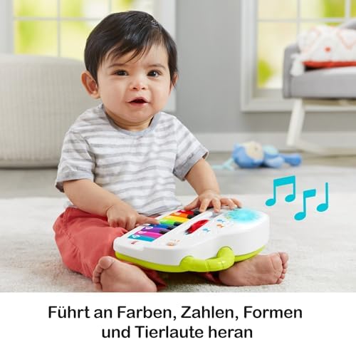 FISHER-PRICE Tastiera del Primo Bambino - Giocattolo Pianoforte Portatile con 4 Modalità di Gioco, Canzoni, Luci e Suoni, Giocattolo per l'Apprendimento della Lingua Tedesca per Neonati dai 6 Mesi in su