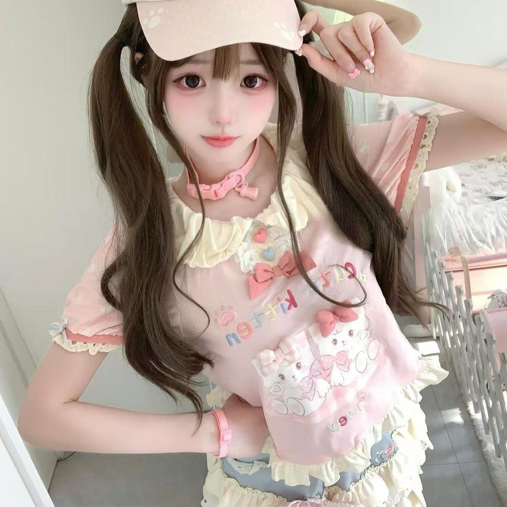 Japanese Kawaii T-shits Women Casual Y2k Crop Top Sweet Lolita Tees Design for Girls Clothing Short Sleeve T Shirts Outwear Chic