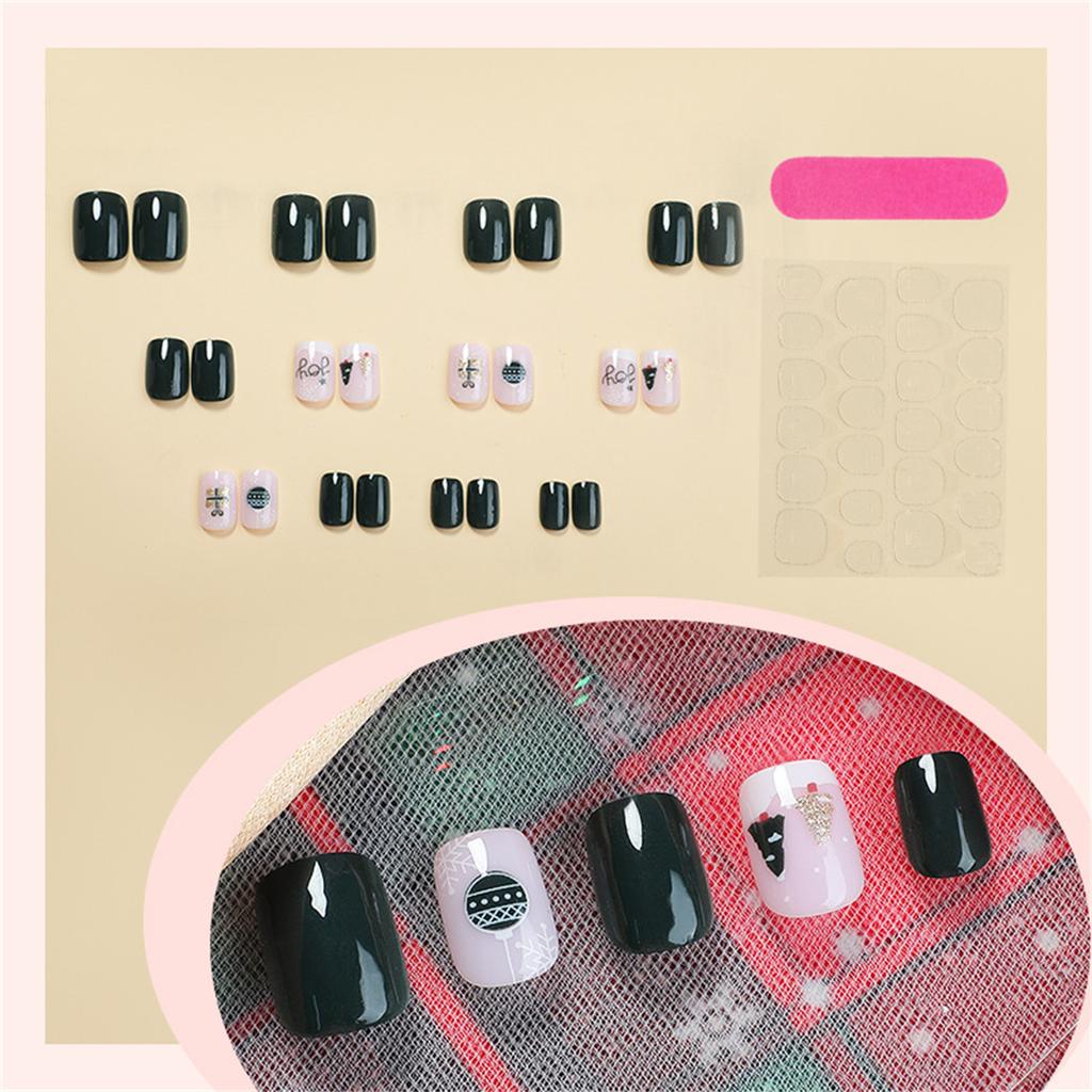 Christmas Press On Nails False Nails with Christmas Tree Designs Full Cover Stick On Nails Short Square Artificial Nails