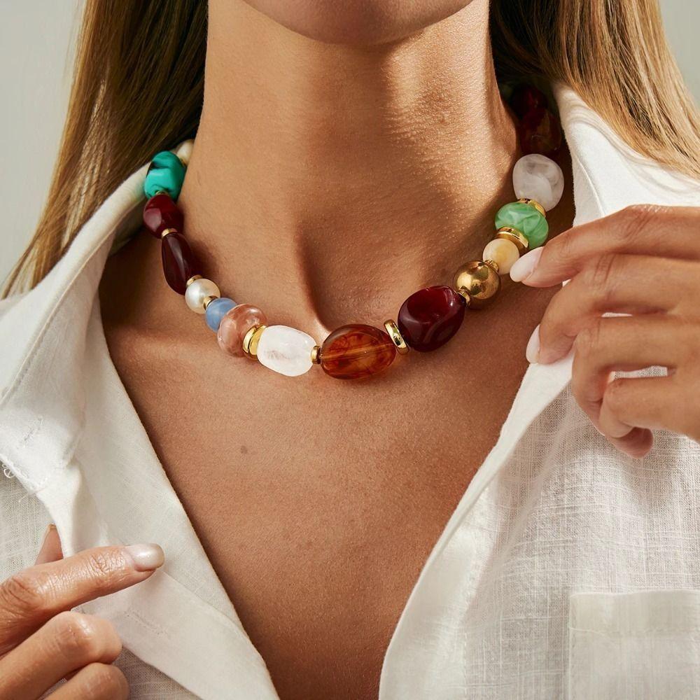 Stone Beads Short Choker Vintage Clavicle Chain Retro Colorful Resin Necklace  Women