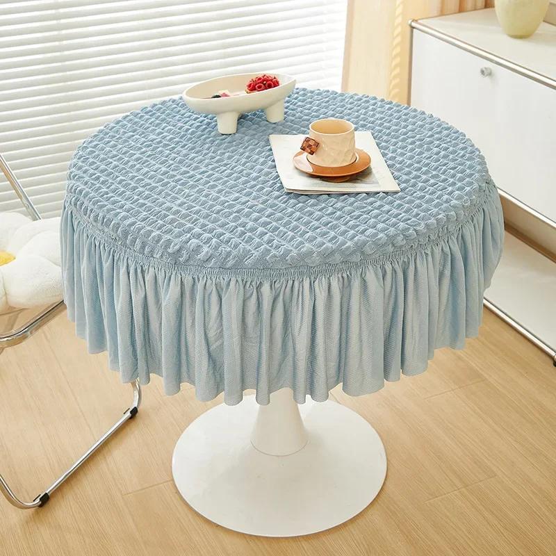 Round Bubble Gauze Tablecloth Seersucker Solid Color Elastic Table Skirt Modern Simple Style Home Decoration Dining Table Cover