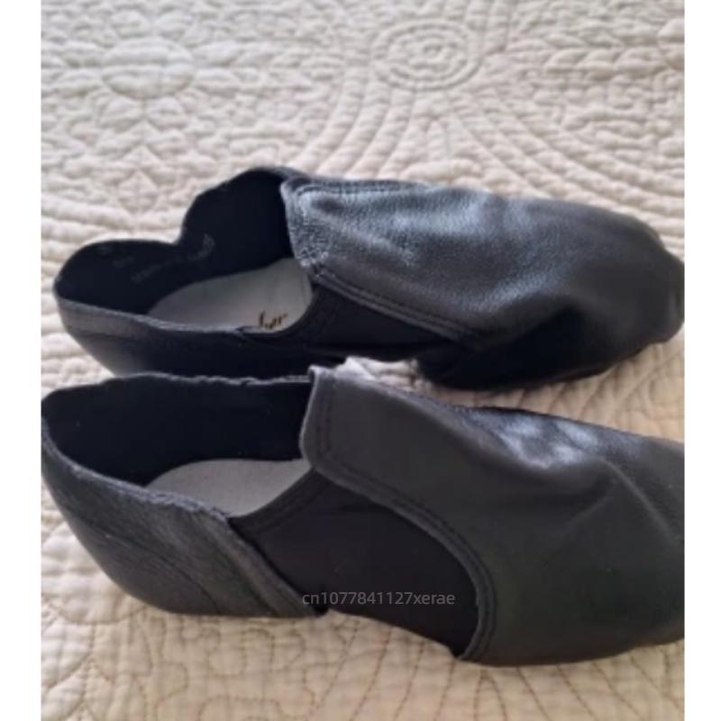 Adult and Children's Low Heeled Jazz Dance Shoes, Camel and Black Oxford Cloth Genuine Leather Elastic Cloth Jazz Shoes