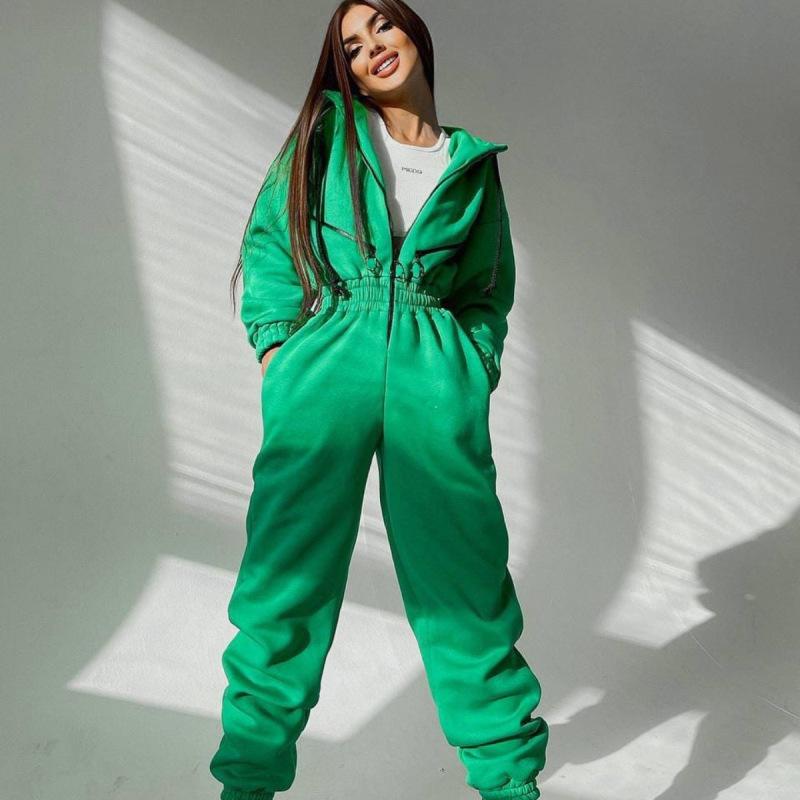 Sports and Leisure Women's Zipper Decoration Hooded Jumpsuit One-piece Suit