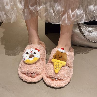 Leuke Cartoon Eén Woord Pantoffels Dames Herfst Winter Warm Antislip Casual Pluche Schoenen Lichtgewicht Comfortabel Indoor Huis Schoenen