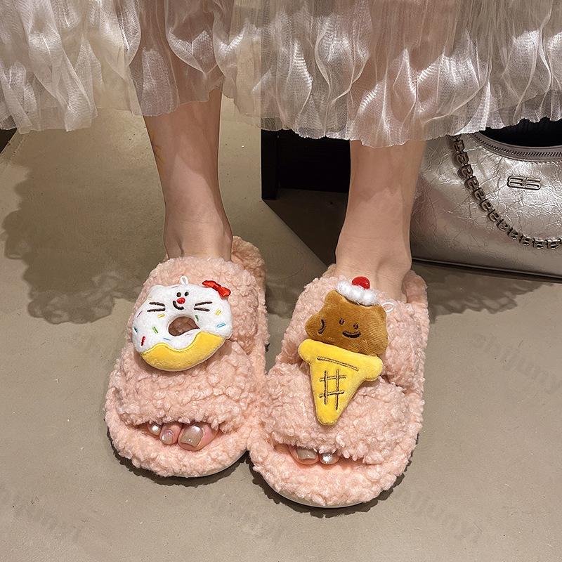 Fashion Cute Cartoon One Word Slippers Women's Autumn Winter Warm Non Slip Casual Plush Shoes Lightweight Comfortable Indoor Home Shoes
