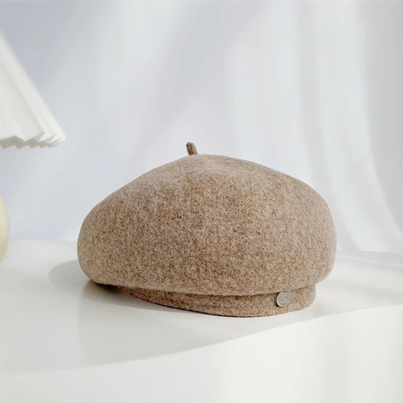 Women French Art Retro Wool Felt Autumn Solid Colors Warm Winter Beanie Hat Beret Cap For Female